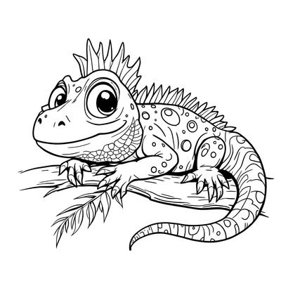 Adorable Cartoon Lizard Perched on a Tree Branch Fun Line Art Coloring Page for Kids and Adults