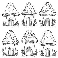 Whimsical Mushroom Houses for Enchanting Line Art Coloring Pages and Illustrations vector