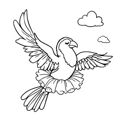 Adorable Ballet Dancing Bird in a Tutu Flying Gracefully Through the Sky with Fluffy Clouds