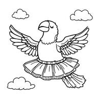 Whimsical line art coloring page of a happy parrot dancing in the sky wearing a beautiful tutu surrounded by fluffy clouds vector