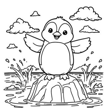 A Cute Penguin Standing on Ice Floating in Water with Waves and Clouds Above Simple Line Art Coloring Page Illustration vector