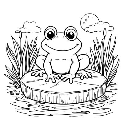 Cute Happy Frog Sitting on a Lily Pad Under the Moon with Reeds and Flowers in a Pond Coloring Page