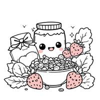 Cute Kawaii Cereal Bowl with Strawberries and Jam Jar Line Art Coloring Page Illustration vector