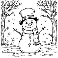 Charming Snowman Wearing a Top Hat and Scarf in a Winter Forest Scene for Coloring vector