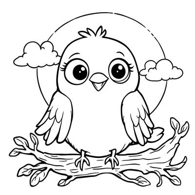 Cute Fluffy Bird Sitting on a Tree Branch under a Circle Cloud Illustration Coloring Page