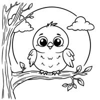 Adorable Baby Bird Sitting on a Tree Branch Under a Big Moon with Fluffy Clouds vector