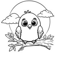 Adorable Cartoon Baby Bird Sitting on a Branch in Front of a Big Sun and Fluffy Clouds Simple Line Art Coloring Page vector