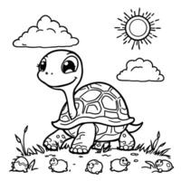 Cute Baby Turtle Smiling Under Sunny Sky With Fluffy Clouds and Small Friends Coloring Page Art vector