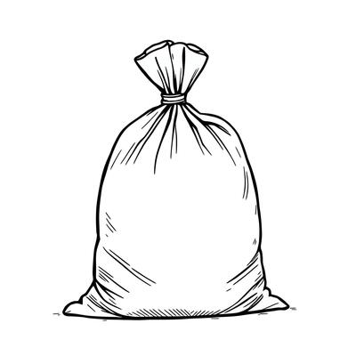 Simple Line Art Drawing of a Closed Fabric Bag with Tie Cord Filling the Entire Frame