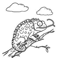 Cute Chameleon Perched on a Branch with Clouds in the Sky Line Art Coloring Page vector