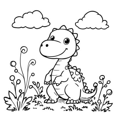 Cute Cartoon Baby Dinosaur Standing Outside on a Sunny Day with Clouds and Flowers Line Art Coloring Page