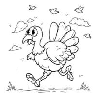 A Cute Cartoon Turkey Running Through the Clouds with Small Birds Flying Around in a Simple Line Art Design for Coloring Pages vector