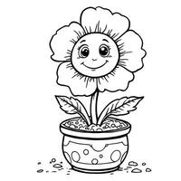 Happy Cartoon Flower in a Pot with a Smiling Face for a Coloring Book Page vector