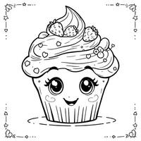 Cute Kawaii Cupcake Illustration Sweet Dessert Strawberry Frosting Design for Coloring Pages vector