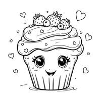 Cute Kawaii Cupcake With Strawberries And Blueberries Adorable Dessert For Kids Coloring Page vector