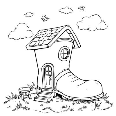 Whimsical Old Boot House Surrounded by Clouds and Birds for Coloring Fun