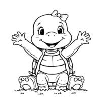 Cute Baby Turtle Sitting with Arms Wide Open Wearing a Bow Line Art Coloring Page vector