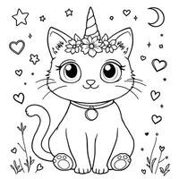 Adorable Unicorn Cat with Flower Crown Coloring Page for Kids and Adults Simple Line Art vector