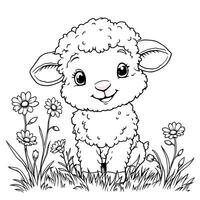 Adorable Cute Baby Sheep Sitting in Field of Flowers for Line Art Coloring Page vector