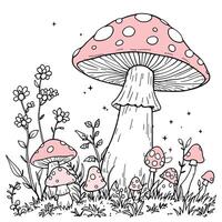 Whimsical Enchanted Forest Mushroom Garden Cute Aesthetic Line Art Coloring Page for Kids and Adults vector