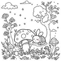 Enchanting Forest Scene with Adorable Bumblebee Resting on a Mushroom Home vector
