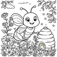 Adorable Cartoon Bee Flying Near a Beehive Surrounded by Beautiful Flowers and Greenery for a Coloring Activity vector