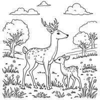Beautiful Line Art Coloring Page Featuring a Majestic Deer and Its Adorable Fawn Standing in a Serene Meadow with Trees and Clouds Overhead vector