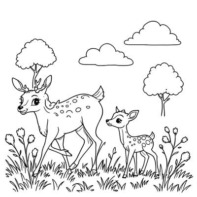Cute Fawn And Mother Deer Walking Together In A Grassy Field With Trees And Clouds Line Art Coloring Page