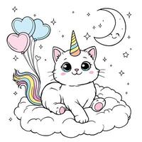 Whimsical Unicorn Cat Floating on a Cloud Under a Crescent Moon with Colorful Balloons and Stars Line Art Coloring Page vector