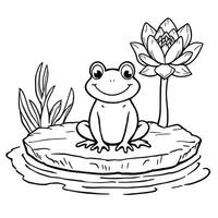 Charming Frog Sitting on a Lily Pad Next to a Blooming Water Lily Flower Line Art Coloring Page vector