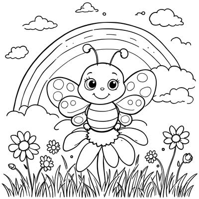 Cute Cartoon Butterfly Sitting On Flower With Rainbow And Clouds Coloring Page Art