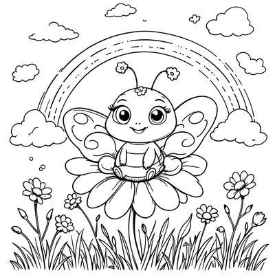 Cute Baby Butterfly Sitting on Flower with Rainbow and Clouds for Coloring Page
