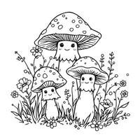 Cute Whimsical Mushroom Family Enjoying a Peaceful Day in the Enchanted Forest Garden vector