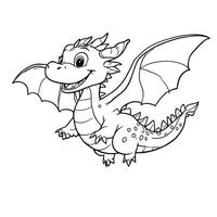 Cute Baby Dragon Flying with Wings Spread Open and Big Smiling Face Line Art Coloring Page vector