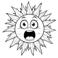A Surprised Cartoon Sun Face with Jagged Rays Coloring Page vector