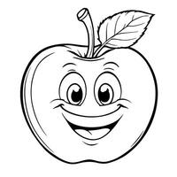 Adorable Cartoon Apple Character with Smiling Face Line Art Coloring Page Illustration vector