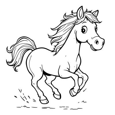 Charming Cartoon Horse Running with Flowing Mane and Tail Line Art Illustration for Coloring Fun