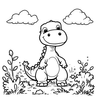 Cute Baby Dinosaur Standing in a Grassy Field with Fluffy Clouds Above