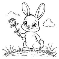 Adorable bunny holding a beautiful rose on a grassy hill with fluffy clouds in the sky line art coloring page vector