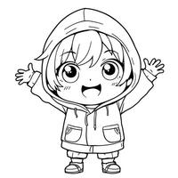 Cute Chibi Anime Character with Hoodie and Open Arms for Coloring Fun Line Art vector