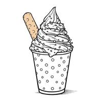 Soft Serve Ice Cream Cone in a Polka Dot Cup with Biscuit Stick and Sprinkles Line Art Coloring Page vector