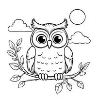Cute Owl Perched on a Branch Under the Moon and Clouds Line Art Coloring Page vector