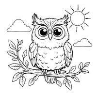 Adorable Baby Owl Perched on a Branch with Fluffy Clouds and a Bright Sun Line Art Coloring Page for Kids vector