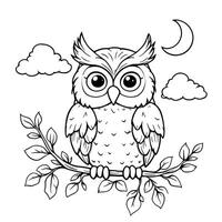 Cute Owl Perched on a Tree Branch Under the Crescent Moon and Fluffy Clouds Detailed Line Art Coloring Page for Adults and Kids vector