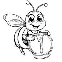 Cute happy cartoon bee holding a pot of dripping honey line art coloring page illustration vector