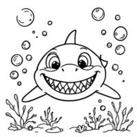 Cute Baby Shark with Big Grin and Bubbles Underwater Scene Line Art Coloring Page vector