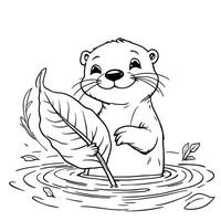 Cute Otter Holding a Leaf in Water for a Fun Coloring Page vector