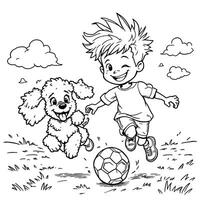 Joyful Boy and His Playful Puppy Enjoying a Game of Soccer Together Outdoors on a Sunny Day vector