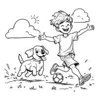 Joyful Boy and Puppy Playing Soccer Outdoors on a Sunny Day in a Field vector