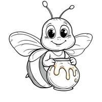 Cute Cartoon Bee Holding a Honey Pot Line Art Coloring Page for Kids Enjoyable Activity vector